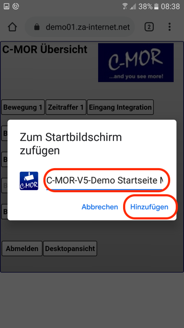 C-MOR Android Startbildschirm bestätigung